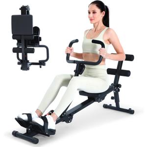 Sportneer Foldable Rowing Machine for Home, Hydraulic Rowing Machine with 12-Level Resistance - Multi Functional Row Machine Equipped with Caster & Backrest, Max 297lbs Weight Load
