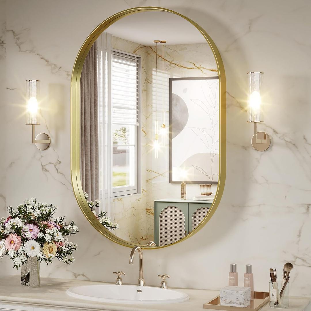 Gold Oval Mirror, 22' x 30' Gold Vanity Mirror for Bathroom, Wall Mounts Vertically or Horizontally