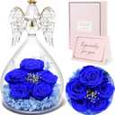 Sunia Glass Angel Figurine with 5 Forever Real Preserved Roses for Mom, Grandma, Women | Handcrafted Eternal Flower Keepsake, Home Decor, Birthday Christmas Angel Statue, Blue 