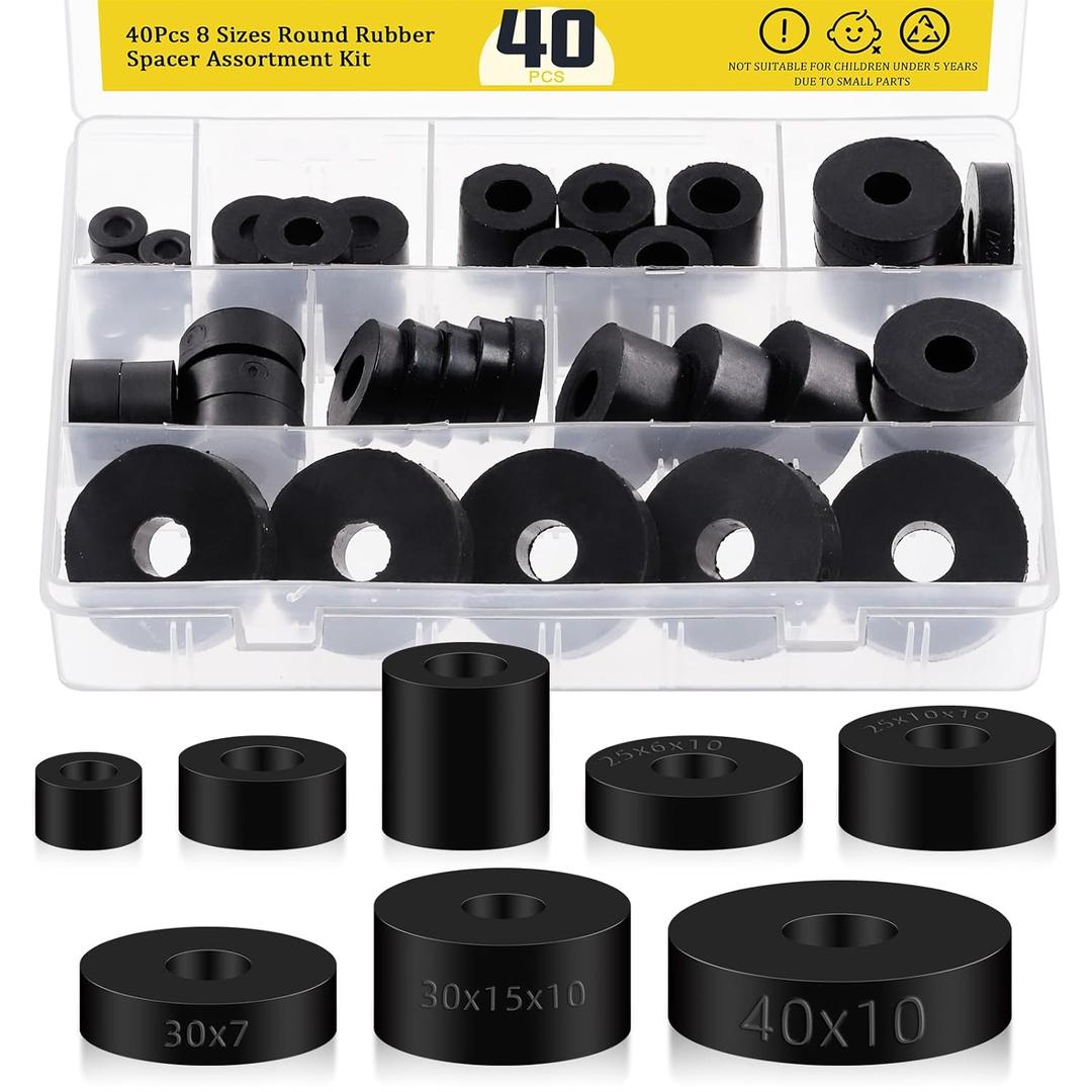 40pcs 8 Sizes Round Rubber Spacer Kit, Multi Purpose Round Neoprene Washers, Anti Vibration Rubber Spaces Bushing for Home Car Accessories, Black
