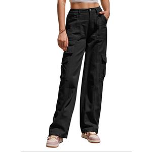 Hiistandd Women's High Waisted Cargo Pants Cotton Wide Leg Casual Pants Combat Military Work Trouser Black Medium