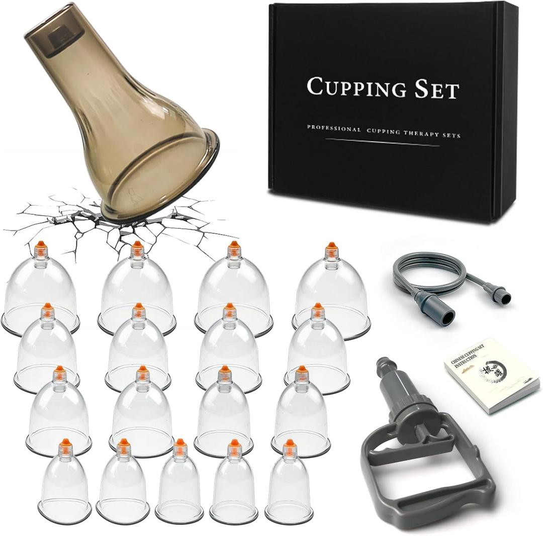 Cupping Therapy Set w/ 18 Massage Cups for Pain Relief Physical Therapy Cupping Kit for Massage Therapy with Vacuum Pump, Black Box