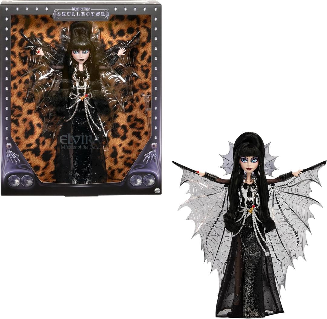 Monster High Doll, Elvira, Mistress of The Dark Collectible in Black Faux Leather Dress with Silvery Batwing Cape and Premium Accessories 