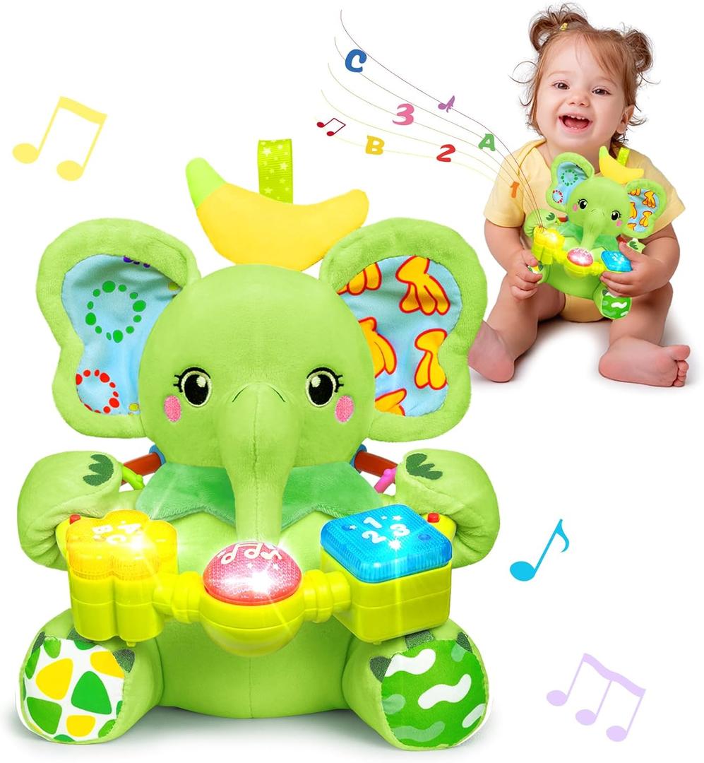 Baby Elephant Musical Stuffed Animals Toy with Light-Up Music & Crinkle Sound Paper,Infant Bilingual Early Learning Education Toys,Tummy Time Toys for 0-3-6-12+ Months Boy Girl, Green