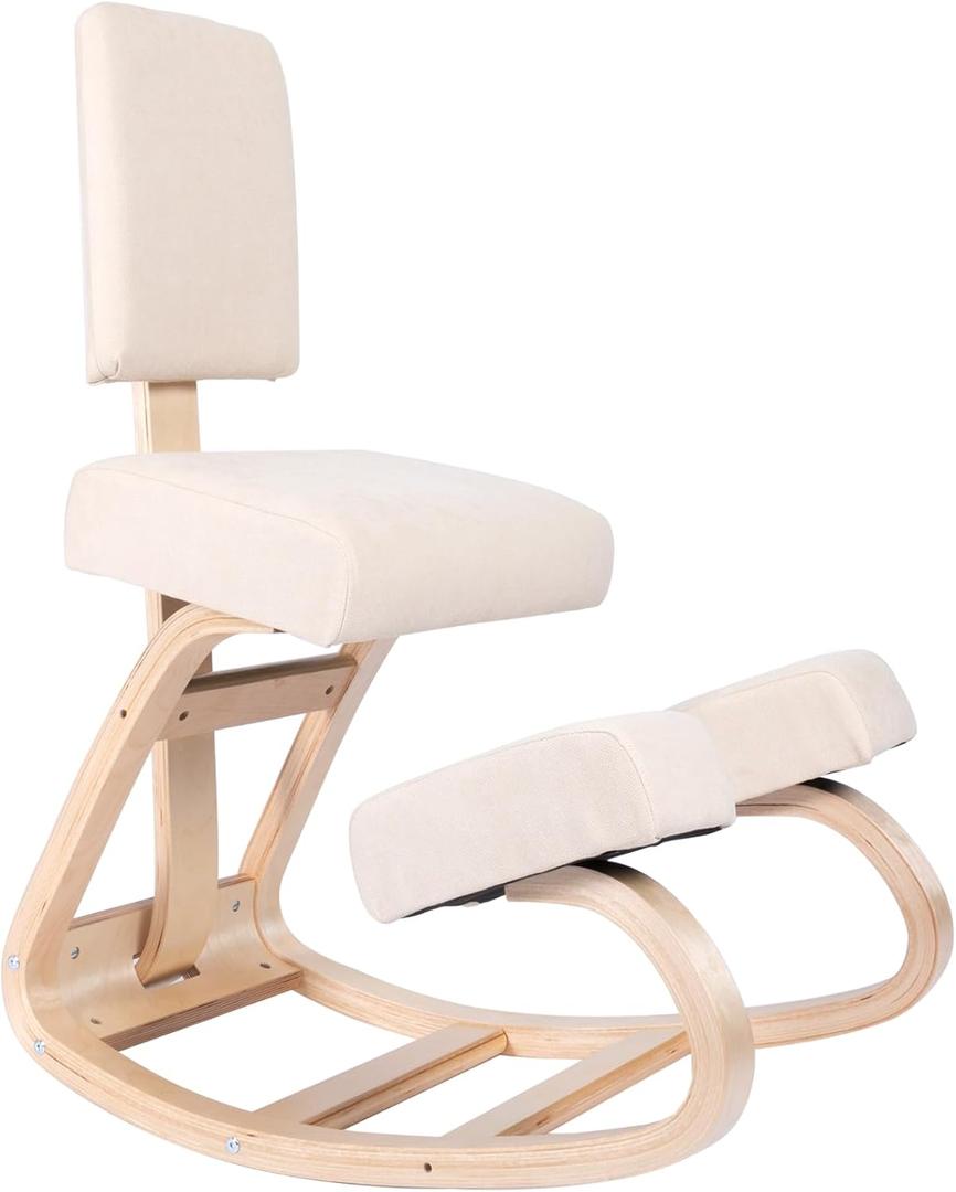 Sleekform East Austin Ergonomic Kneeling Chair with Back Support - Winter Linen and Wood Ergo Stool for Desk - Best Ergonomic Kneeling Office Chair for Posture and Leg Circulation, 28 inches x 21 inches x 22 inches