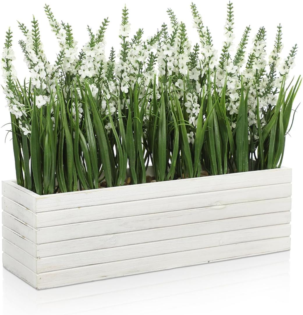 14 Inch Artificial Lavender Flower Arrangement in Rustic Rectangular Wood Planter Box White Fake Lavender Flower Faux Potted Lavender Plants for Table Centerpiece Windowsill Shelf Home Decor Indoor (14.2"x4.3"x13")