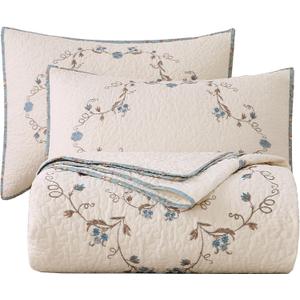 vctops 3-Piece Elegant Floral Embroidered Bedspread Coverlet Set 100% Cotton Reversible Patchwork 1 Quilt and 2 Pillow Shams Full/Queen, Flower B