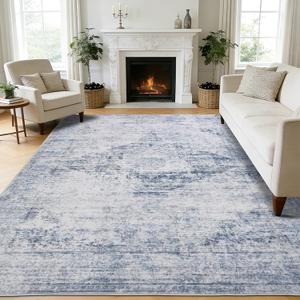 Washable Rugs 8x10 Area Rugs for Living Room, Large Modern Neutral Rugs for Bedroom, Soft Vintage Dining Room Rug, Low Pile Non Slip, Boho Print Carpet for Nursery Playroom Home Office-Blue 8'x10'
