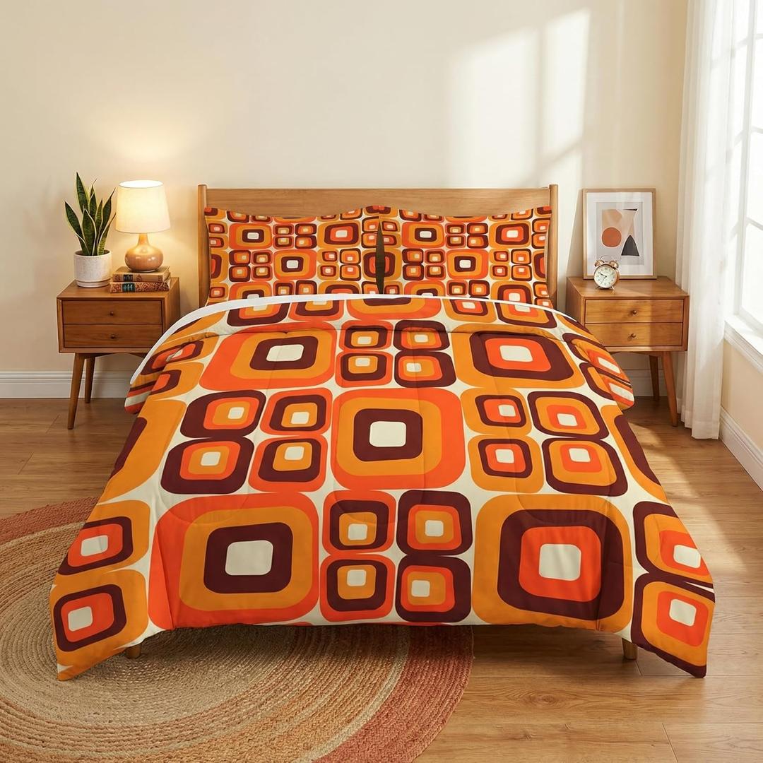 Comforter Set King Size, 70S Retro Orange Soft Bedding for Kids and Adults, Abstract Brown Yellow Beige Comforter Set with 2 Pillowcases for Bedroom Bed Decor