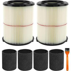 2 Pack 38754 Replacement Filters Fit for Craftsman CMXZVBE38754 fit 5-20 Gallon shop vacuum with 4 Pack Foam Sleeves and 1 Pack Brush