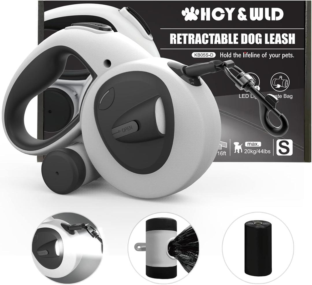HCY&WLD Upgrade 4-in-1 Retractable Dog Leash with LED Light & Dispenser & Poop Bags, 16 ft Heavy Duty Dog Leash with Anti-Slip Handle for Dogs up to 44 lbs, 360 Tangle-Free, One Button Brake & Lock (Small)