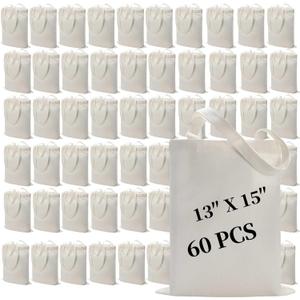 60 Pack Sublimation Tote Bags Blank Canvas Reusable Polyester Grocery Bags for Heat Transfer Vinyl DIY Crafting White, 13x15 Inch