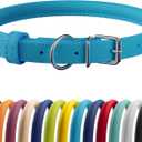 CollarDirect Rolled Leather Dog Collar, Soft Padded Round Puppy Collar, Handmade Genuine Leather Collar Dog Small Large Cat Collars 13 Colors (11-14 Inch, Light Blue Smooth) (M: 11-14 in, Cyan Smooth)