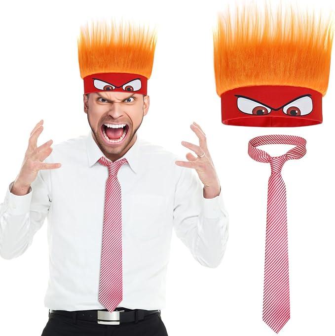 2Pcs Halloween Anger Costume Adult, Halloween Cosplay Costume Include Hairy Headband Red Textured Tie for Cosplay Angry Dress up Party Supplies