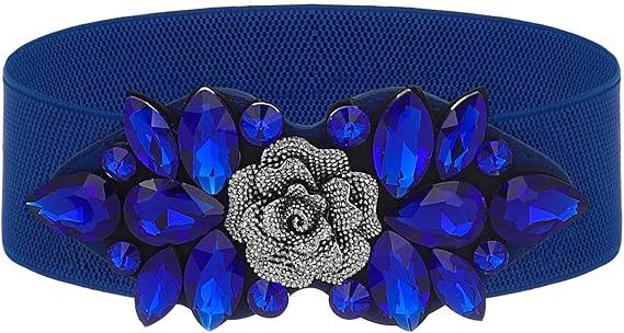 Rhinestone Stretch Belt Wide Formal Belt Women Fashion Belts Elastic Dressy Waist Accessories (L:fit waist size 34-46 in, Blue Blue Belt)