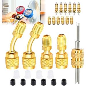 Ruibapa Mini Split Adapter 5/16 Female 1/4 Male Flare Charging Vacuum Port with 4 Sealing Plugs and Valve Core kit for Air Conditioners HVAC Refrigeration 2 Straight+2 Angled