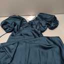 Satin V Neck Puffy Sleeves Silk Midi Dresses Empire Waist Elegant Tie Back Formal Cocktail Dress for Women Wedding Guest, S