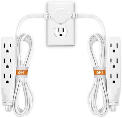 Twin Extension Cord Power Strip - 12FT Dual Extension with Flat Wall Plug, Split Extension Cord with Multiple Outlets, Sleek Socket Double Head Outlet for Behind Bed, Couch,Indoor Flush Design(White)