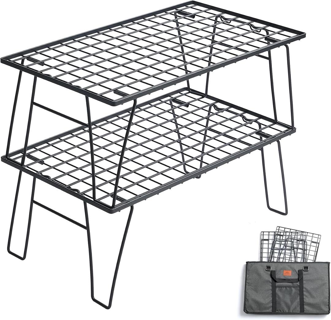 CAMPINGMOON Camping Mesh Rack 2 Pack Folding Camp Storage Shelf Lightweight Portable Black Steel Outdoor Kitchen Gear Organizer Carry Bag Included T-235-2T