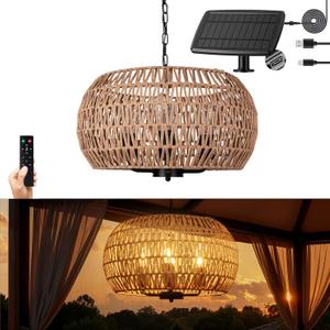 Outdoor Solar Chandelier, 4-Light 19" Rattan Outdoor Chandelier, Hanging Pendant Lights, Waterproof, for Gazebo, Pergola, Porch, Patio