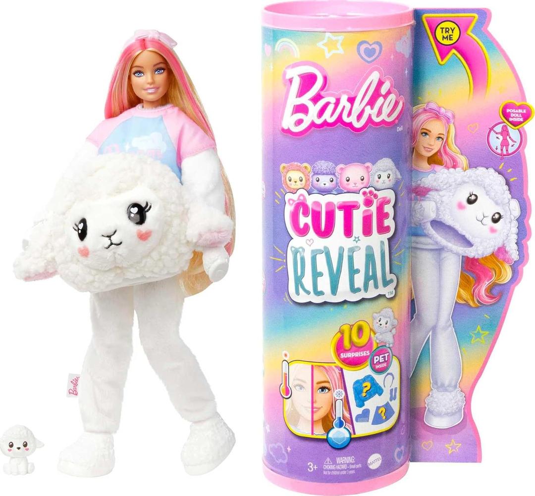 Barbie Cutie Reveal Doll with Blonde Hair & Lamb Costume, 10 Suprises Include Accessories & Mini Pet 