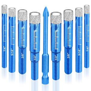 9 Piece Dry Diamond Drill Bits Set, Tile Drill Bits for Glass, Granite, Ceramic, Tile, Quartz Stone, Sizes 1/4" 5/16" 3/8" 1/2", Built-in Solid Cooling Wax, Fast Dry Drilling, Round Shank