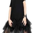 ellazhu Women's Casual Short Sleeve Crew Neck Tutu Tulle Dress with an Oversized Fit GY2266 (Large-X-Large, Black)