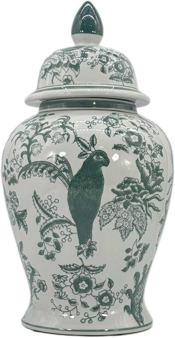 Galt International Veridian Parrot Floral Chinoiserie Ceramic Temple Jar 18" w/Lid - Ginger Jar Home & Kitchen Decor for Interior Design - Veridian Green