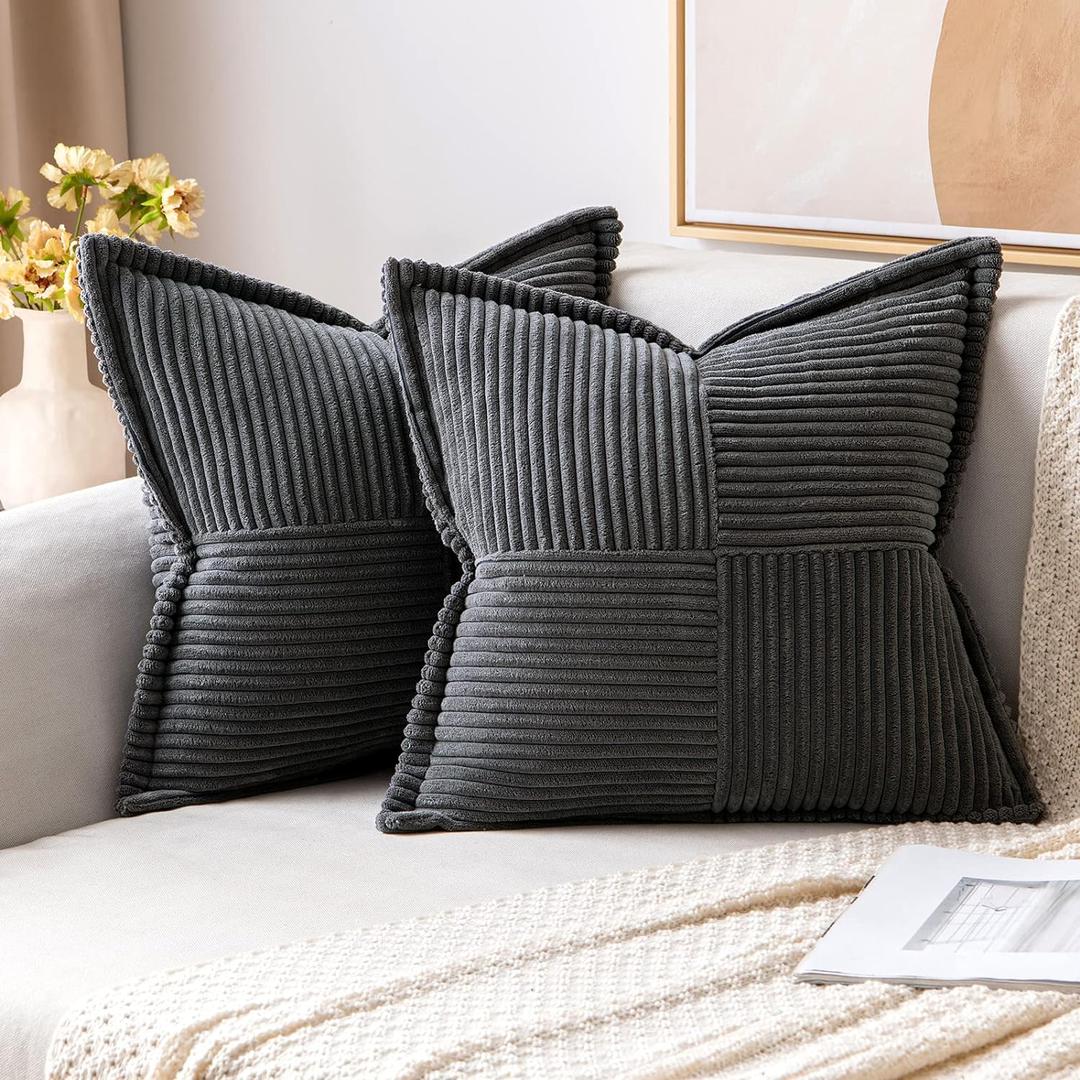 MIULEE Dark Grey Corduroy Decorative Euro Sham Pillow Covers 24x24 Inch with Splicing Set of 2 Soft Boho Pillow Covers Broadside Textured Pillowcases for Couch Bed Livingroom
