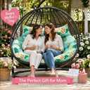 55 x 35 Inch Double Egg Chair Cushion Replacement, Thickened Waterproof Hanging Swing Chair Cushion with Pillows for Outdoor Patio, Cyan Floral Leaf