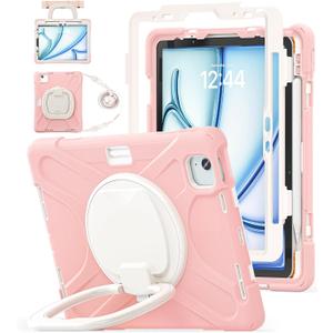 BATYUE Case for iPad Air 11-inch M4 (2026)/M3 (2025) /M2 (2024), iPad Air 5th/4th 10.9 inch(2022/2020), iPad Pro 11" 4th/3rd/2nd/1st Kids Cover with 360 Rotating Stand, Pencil Holder, Strap, Rose (03-Pink)