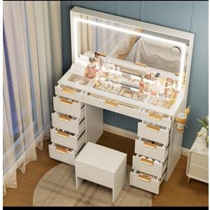 Pamapic Glass Top Vanity Desk with Mirror and Lights, 11 Drawers Makeup Vanity with Charging Station and Chair, Golden Handles Dressing Table, 3 Lighting Modes Makeup Table, White