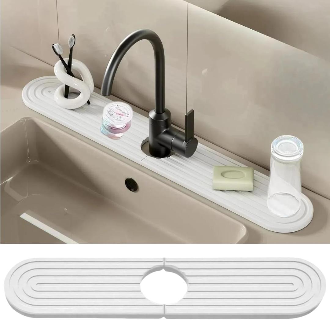 Faucet Mat for Kitchen Sink,Stone Drying Mat for Kitchen Counter- 18'' Long Wider Diatomite Fast Drying Stone Sink Tray, Super Absorbent, Prevents Moisture Buildup (17.7" x 3.9", White)