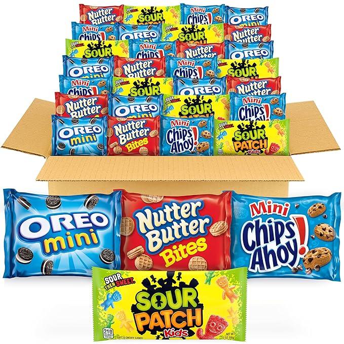 OREO Mini Cookies, CHIPS AHOY! Mini Cookies, SOUR PATCH KIDS Candy & Nutter Butter Bites & Candy Variety Pack, 32 Snack Packs, bbd: 06/25/2026