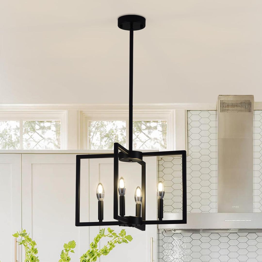 Black Chandelier, 4 Heads Farmhouse Geometric Chandelier, Adjustable Height for Entryway, Hanging Metal, Staircase Foyer Hallway Dining Room Kitchen Lighting (E12 Bulb Not Included)