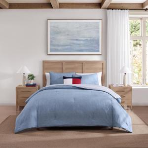 Tommy Hilfiger - King Comforter Set, Textured Cotton Plain Weave Bedding with Matching Shams, Reversible, Medium Weight for Year-Round Use, Oeko-Tex Certified (Medium Blue)