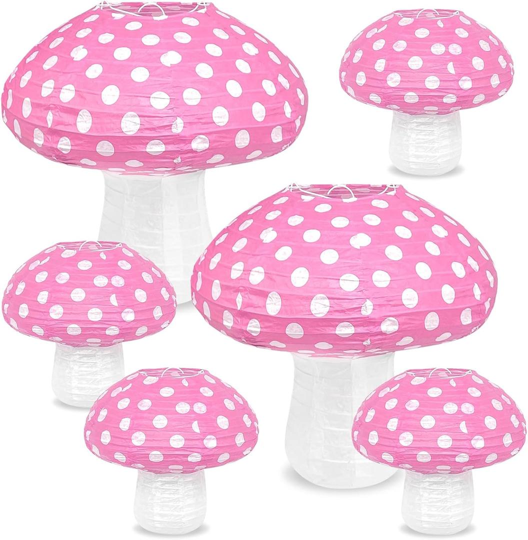 Mushroom Paper Lanterns, 6pcs Mushroom Hanging Decor Forest Jungle Wonderland Themed for Birthday Party Baby Shower Garden Wedding Decorations 8 inch, 12 inch (Pink)