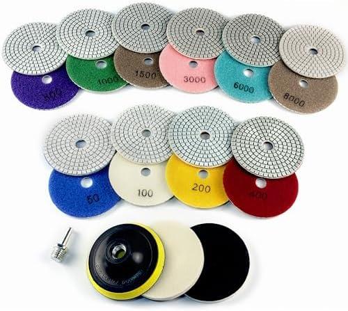 Ceeintee 4 Inch Diamond Polishing Pads, 14 PCS 50-8000 Grit Wet/Dry Granite Stone Polish Pad Kit with 5/8’’-11 Backer Pad, Drill Adapter and Wool Disc for Granite Marble Concrete Stone Tile