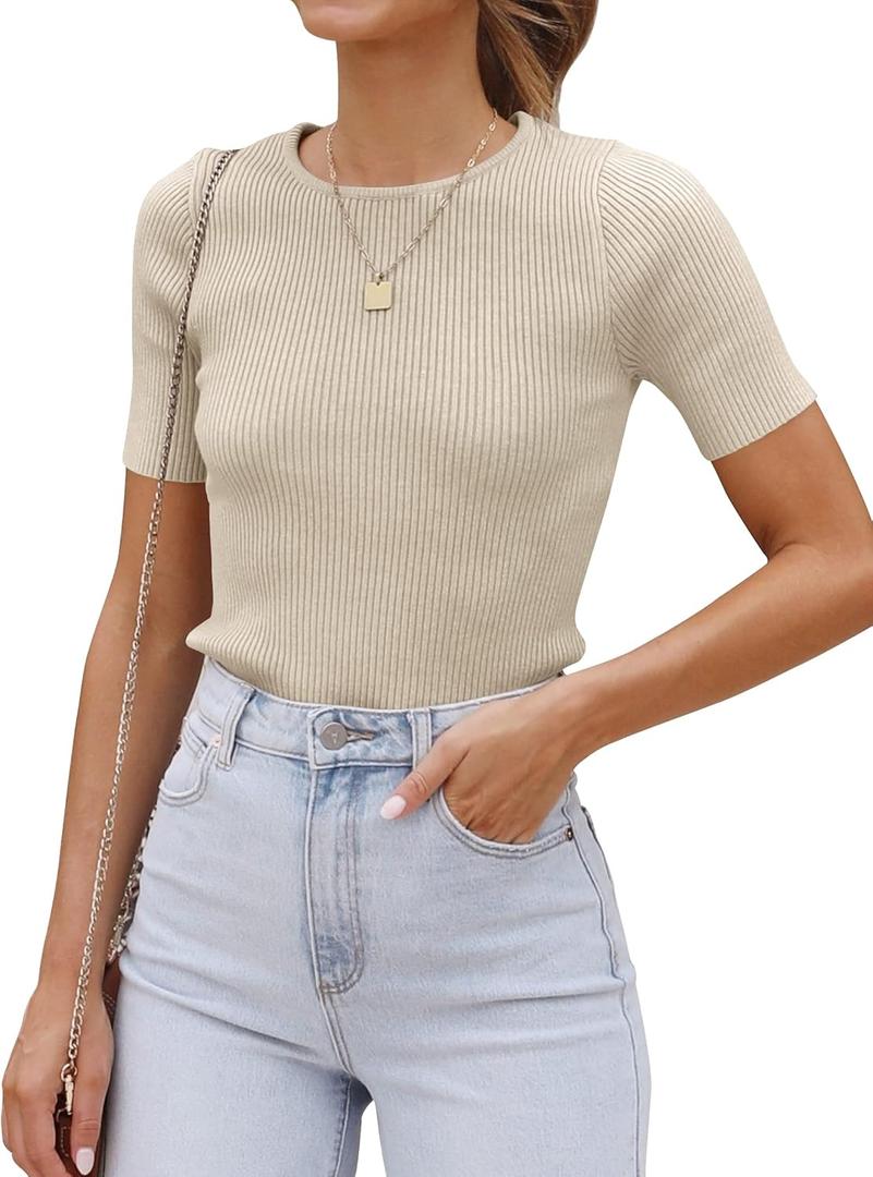 ZESICA Women's Short Sleeve Sweater Tops 2025 Summer Crewneck T Shirt Ribbed Knit Slim Fit Basic Solid Color Tee (Large, Almond)