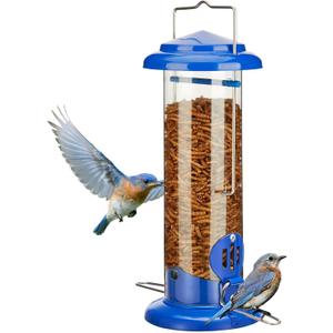 Kingsyard Upgraded Bluebird Feeder for Outdoors Hanging - Metal Mealworm Tube Bird Feeder for Blue Birds Robins Wrens Titmice, Blue