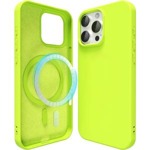 Oakxco Silicone Case for iPhone 16 Pro Case Magnetic, Compatible with Magsafe Wireless Charging, Slim Thin Soft Rubber, Girly Cute Bright Hard Mag Safe Cover for Women, Fluorescent Neon Green Lime