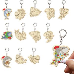 RattanView 24 Sets Christmas Shark Keychain Craft Kit DIY Unfinished Wood Coloring Key Chains Bulk Color Your Own Xmas Shark Keychains Gifts for Christmas Party Favors School Classroom Activities