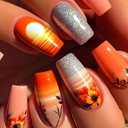 Coffin Press on Nails Medium Fake Nails with Flower Glitter Designs Summer Nails Press ons Glossy Glue on Nails Orange Acrylic Nails Gradient Artificial Stick on Nails for Women 24Pcs