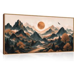 Celestdeco Large Boho Mountain Framed Canvas Wall Art Set, Brown Ridge Landscape Wall Decor, Pine Tree Scenery Wall Painting, Sunrise Abstract Wilderness Art Print for Living Room, Bedroom, Office - 20X40"