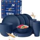 24pcs Wheat Straw Dinnerware Sets For 8, Unbreakable Plates and Bowls Wheat Straw Dinnerware Microwavable Cups Plates and Bowls Sets Shatterproof For Outdoor Kitchen Camping (Dark Blue)