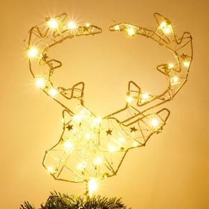 PHITRIC Christmas Tree Topper, 10 Inches Lighted Gold Reindeer Tree Topper, 30 LED Lights Gold Glitter Powder Deer Star Tree Toppers Christmas Decorations, Battery Powered Timer Xmas Treetop Decor, Pack of 2