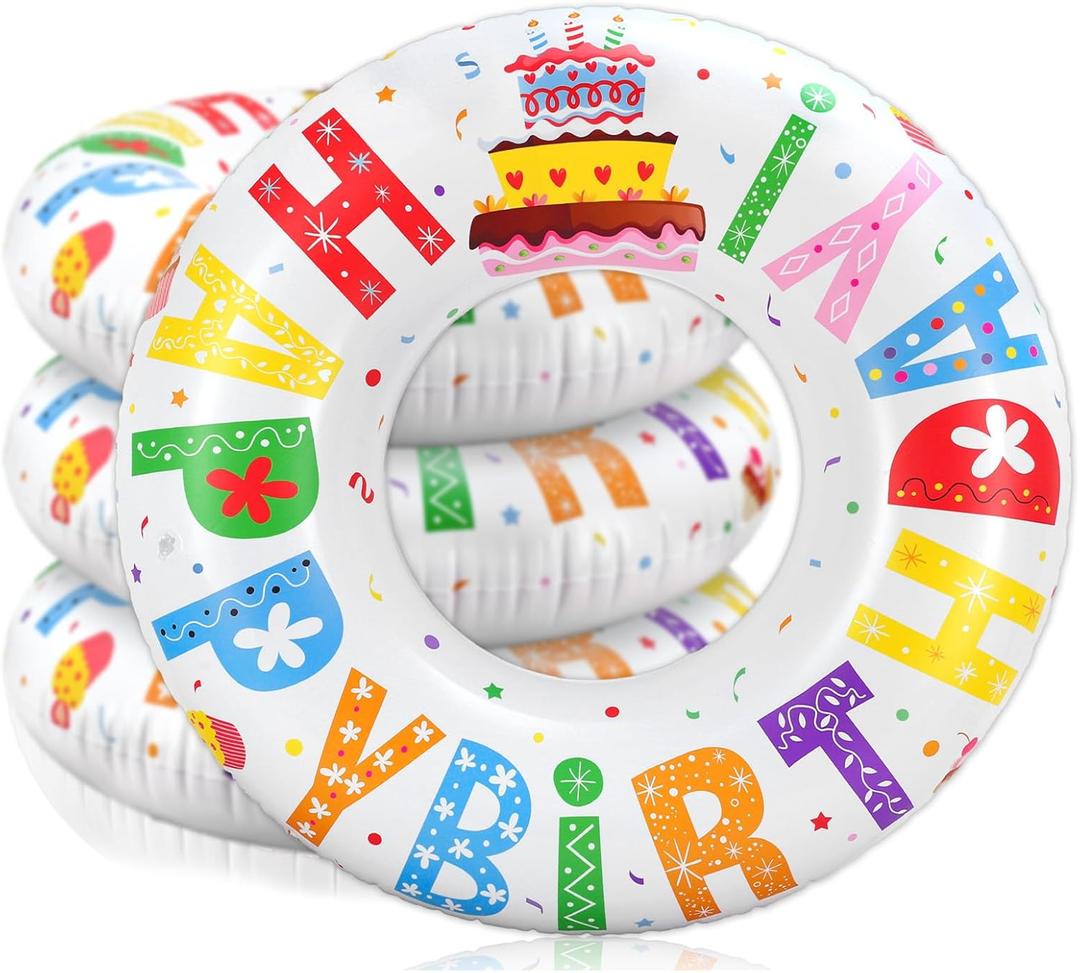 Whaline 3Pcs Happy Birthday Inflatable Pool Floats Swim Rings Colorful Words Birthday Cake Swimming Pool Tubes for Adults Teens Summer Beach Bachelorette Party, 30 x 14 Inch