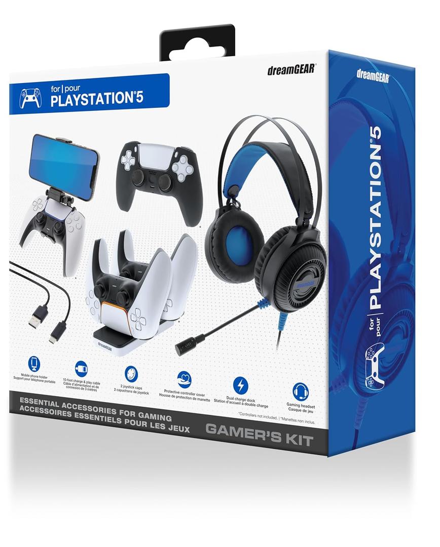 dreamGEAR Gamers Kit for PlayStation 5: Gaming Headset with 50mm Drivers, PS5 Controller Charger, Adjustable Phone Mount, USB-C Cable, Protective Cover and Caps
