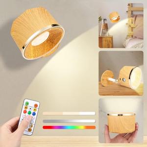 Battery Operated Wall Sconce, 2 Pack LED Rechargeable Wireless Wall Lights 3 White & 13 RGB Stepless Dimmable, 360Rotate Magnetic Ball for Reading in Bed (Birch Wood)