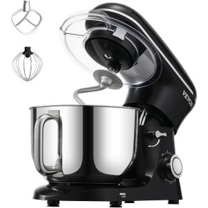 VEVOR Stand Mixer, 6 QT Dough Mixer, 660W 6 + P Speeds Tilt-head Food Mixer with Stainless Steel Bowl, Dough Hook, Wire Whip, Flat Beater, Scraper,Household Stand Mixer for Baking & Mixing, Black